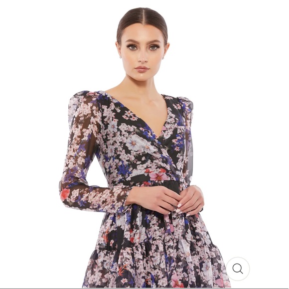 Ieena for Mac Duggal FLORAL PRINT FAUX WRAP LONG SLEEVE MINI DRESS - Picture 2 of 8
